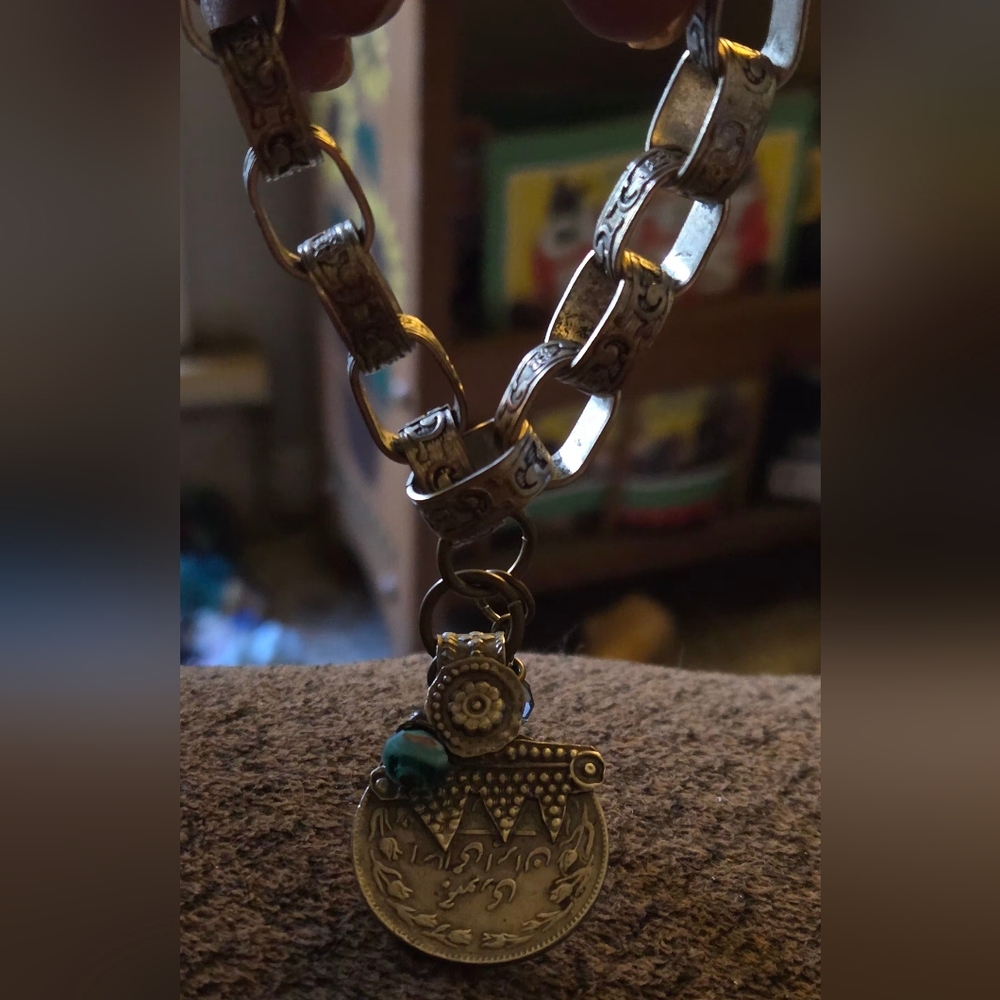 Bohemian Silver-Tone Engraved Pendant Bracelet with Teal Accent Bead - Picture 2 of 6